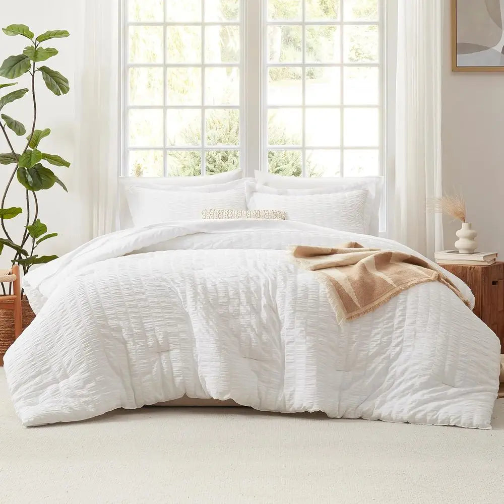 Luxury King Comforter Set – White Seersucker 7 Piece Bedding Collection, 120x98 King Bed in a Bag Set.