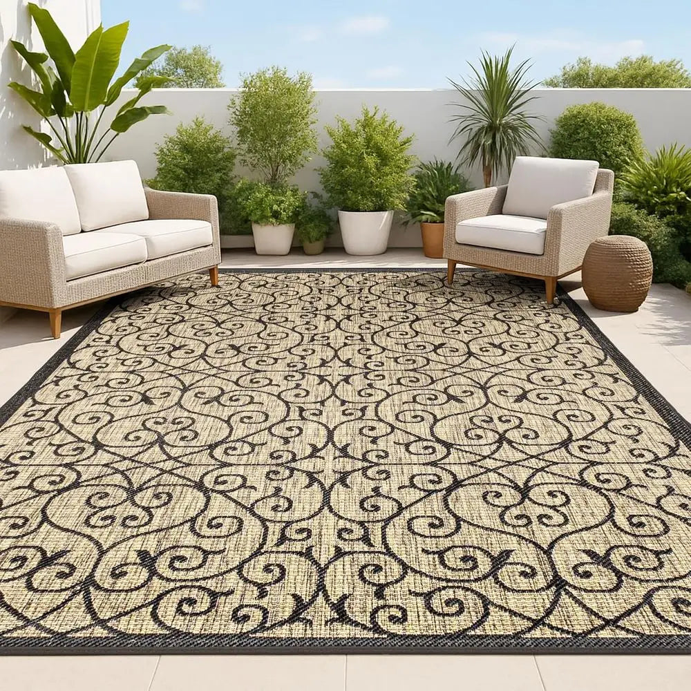 8 X 10 Contemporary Outdoor Rug for Backyard and Living Spaces. Filigree Black and Khaki.