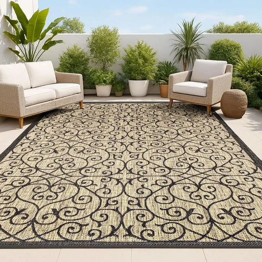 8 X 10 Contemporary Outdoor Rug for Backyard and Living Spaces. Filigree Black and Khaki.