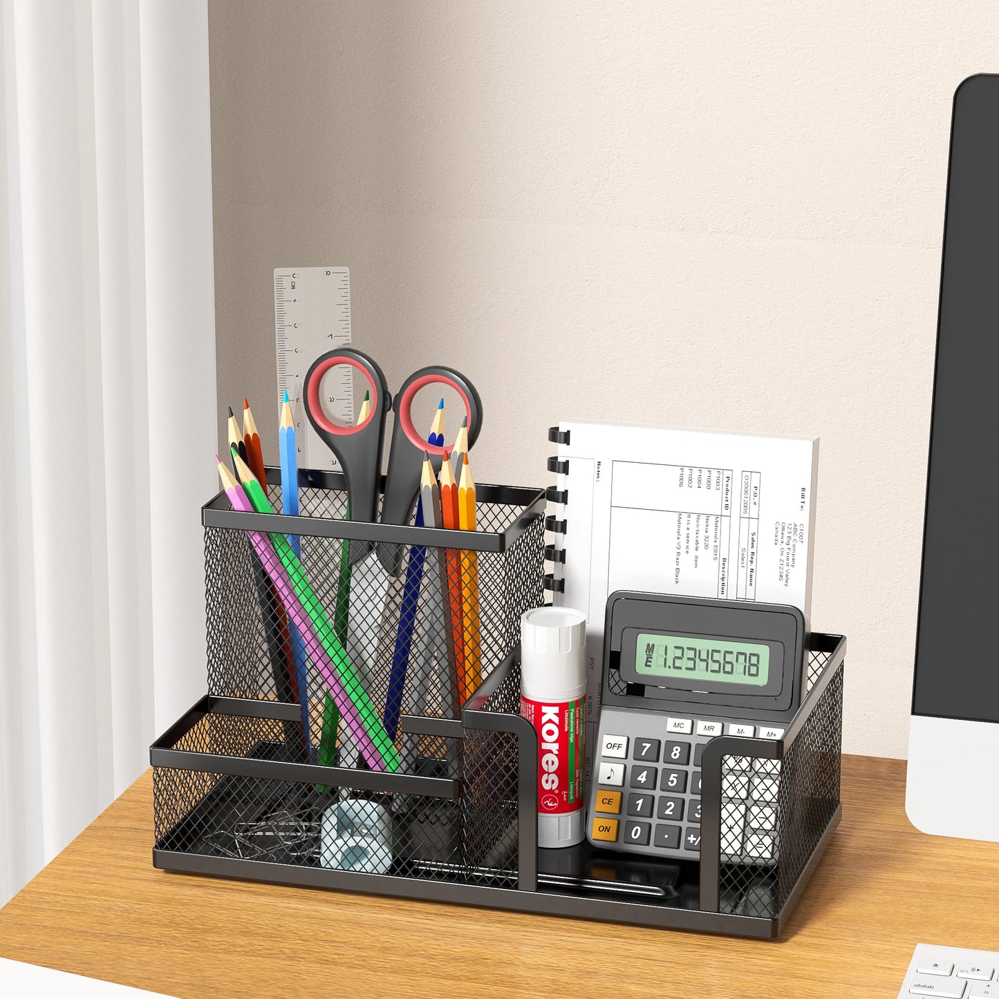 Black Mesh Desk Organizer Caddy with Pencil Holder and 3 Storage Compartments