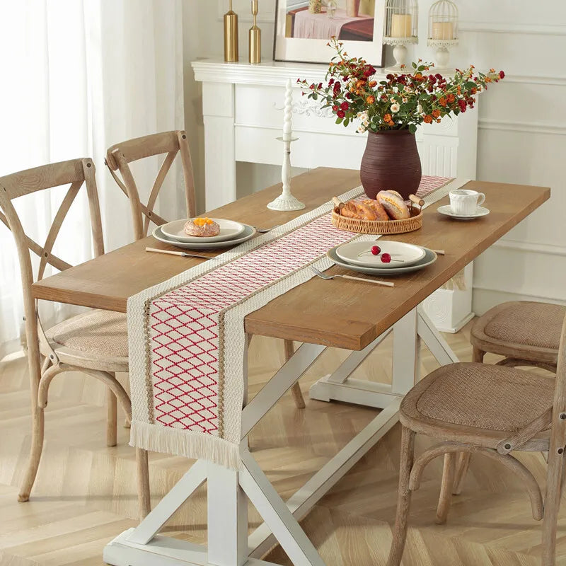 Cream & Brown Boho Table Runner with Tassels – Farmhouse Table Decor Accent