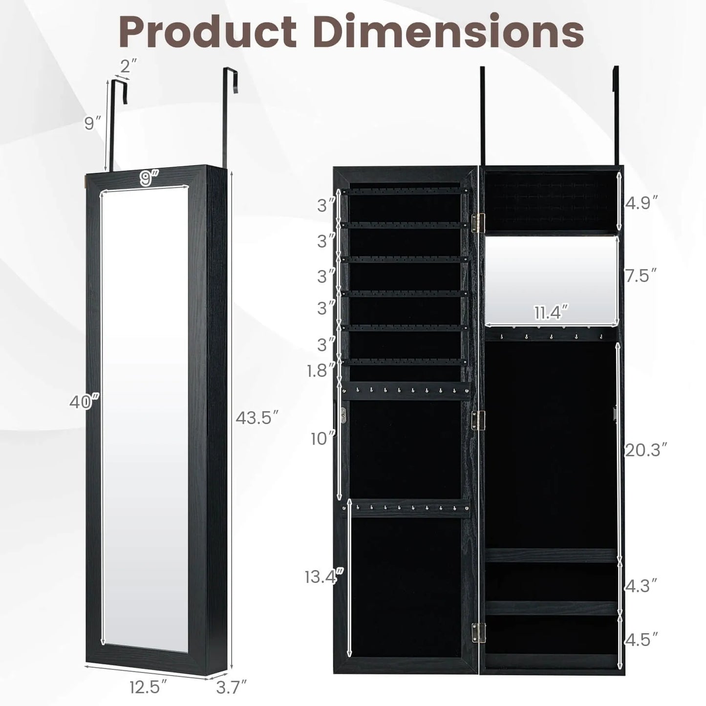 Modern Hanging Jewelry Cabinet with Mirror – Sleek Black Organizer for Bedroom