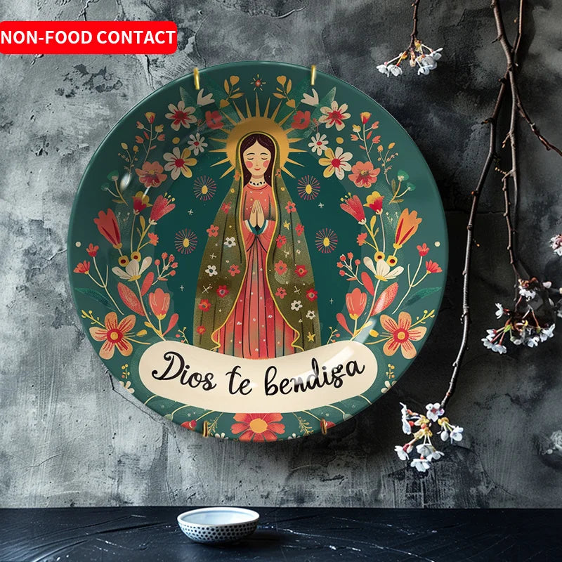 Virgin of Guadalupe Floral Round Ceramic Wall Plate - Religious Art Decor for Home, Non-Food Use