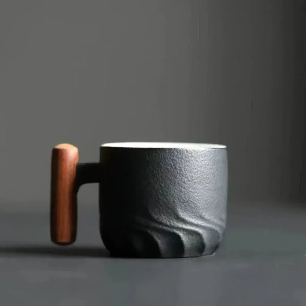 Handmade Ceramic Coffee Mug with Wooden Handle – Retro Tea & Coffee Cup with Filter Design