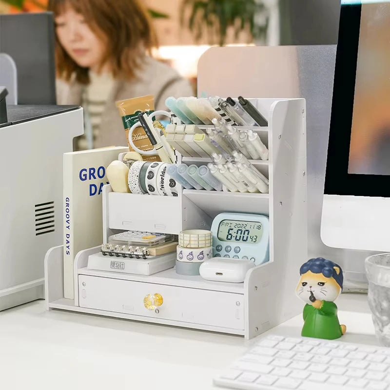 Wooden Desk Organizer with Multi-Layer Storage Design