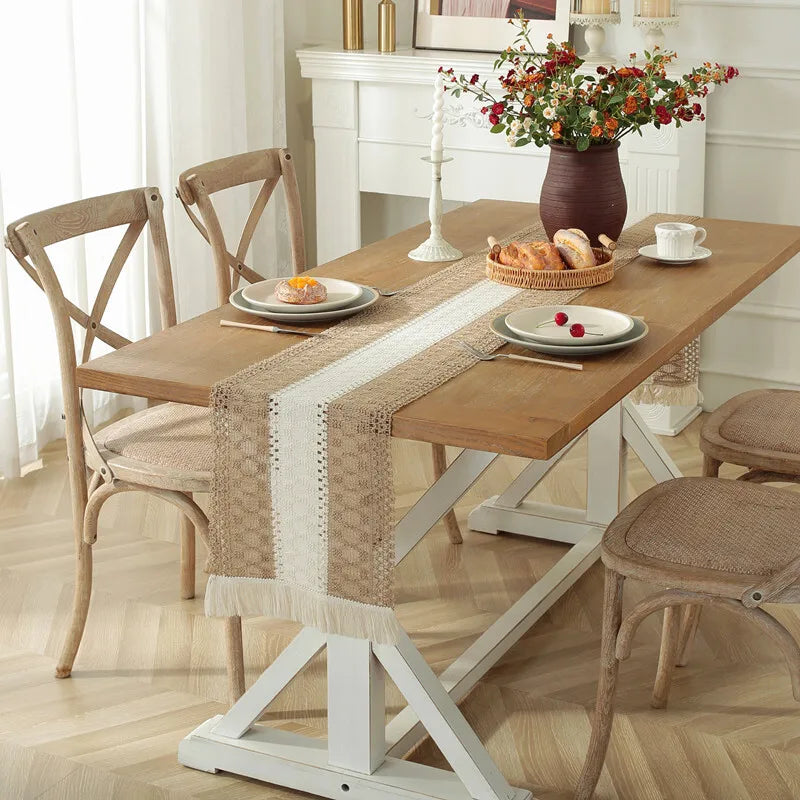 Cream & Brown Boho Table Runner with Tassels – Farmhouse Table Decor Accent