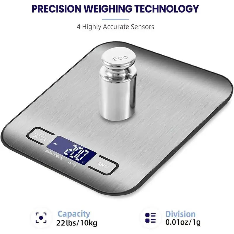 Stainless Steel Digital Kitchen Scale with LED Display – 10kg Capacity Precision Weighing