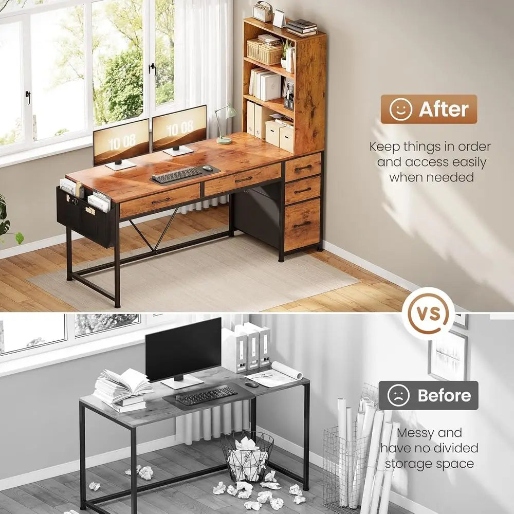 5-Drawer Rustic Brown Computer Desk with Integrated Bookshelf and LED Lights.