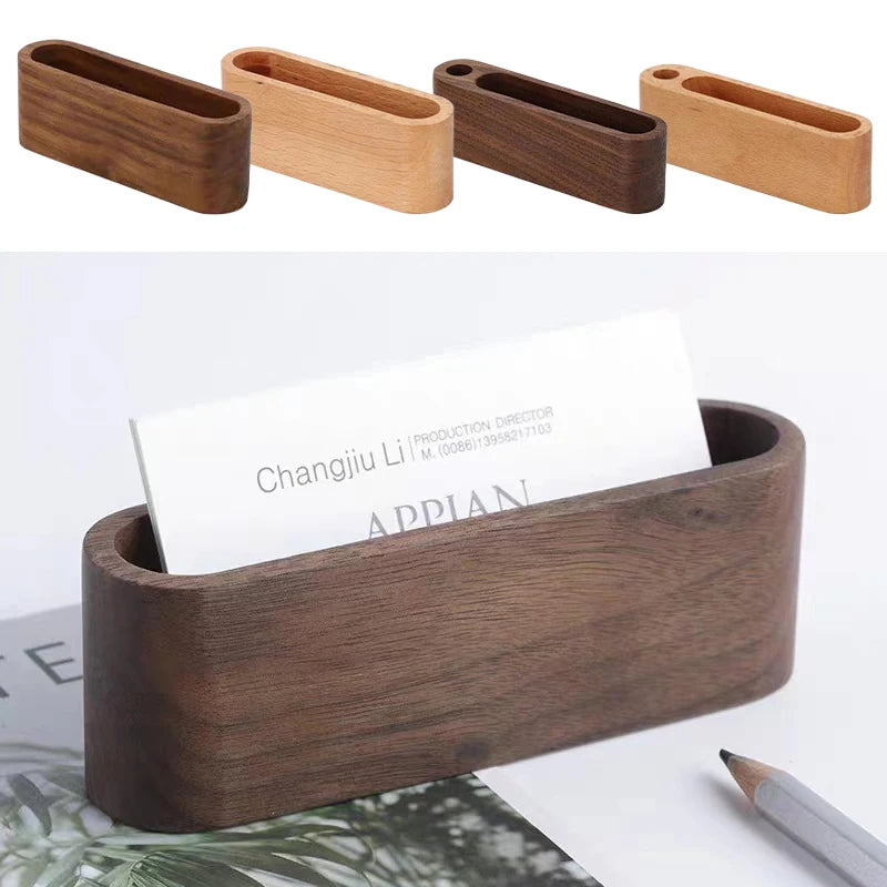 Wooden Business Card Display Stand with Pen Holder and Memo Storage
