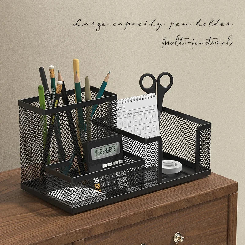 Black Mesh Desk Organizer Caddy with Pencil Holder and 3 Storage Compartments