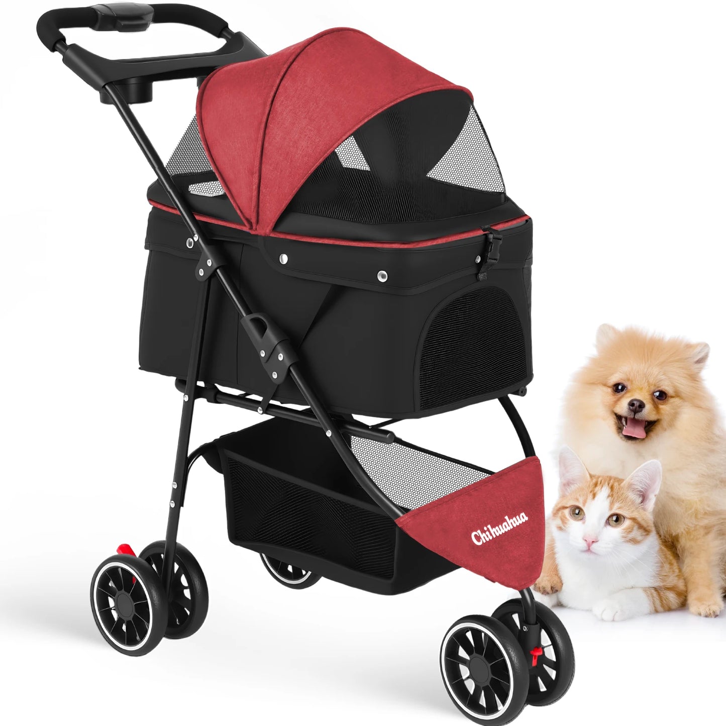 Portable Foldable Pet Stroller for Small Dogs and Cats; with Canopy and Storage Basket in Multiple Colors.
