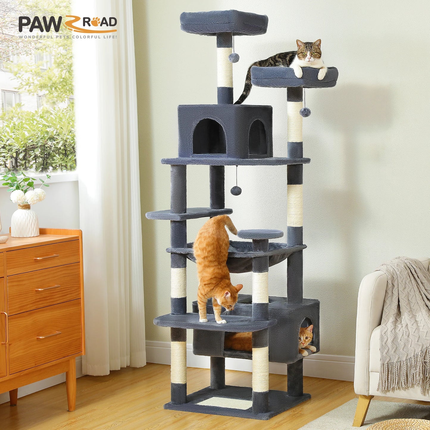 Large Cat Tree and Tower for Indoor Cats With Sisal-Covered Scratching Posts Spacious Hammock Padded Perches and Condos.