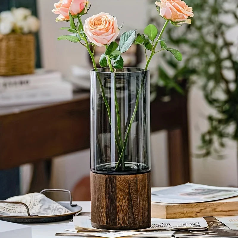 Contemporary Glass Vase with Minimalist Wooden Stand.