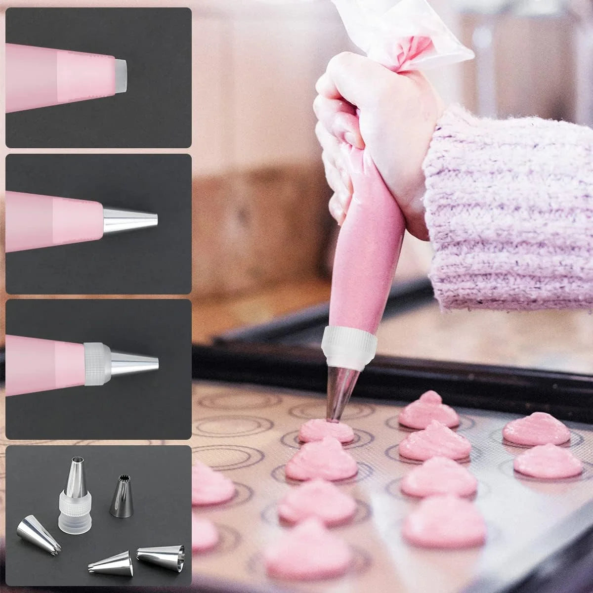 All-in-One 100-Piece Cake Decorating Set – Includes Turntable, Tips, Spatulas & Bags, pink or green.