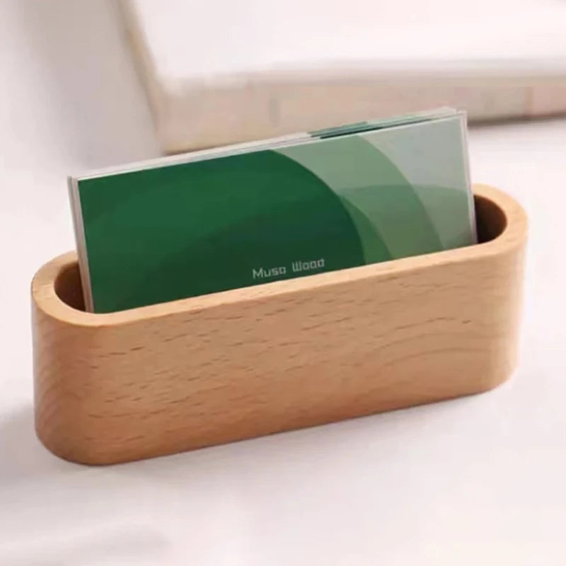 Wooden Business Card Display Stand with Pen Holder and Memo Storage