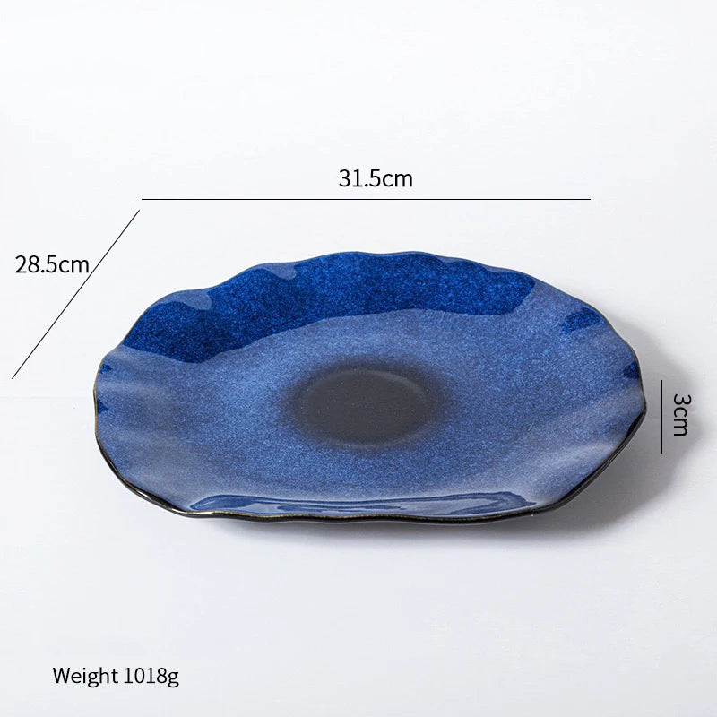 Artistic Japanese Ceramic Flat Plate – Cat Eye Blue Irregular Food & Steak Dish 1pc