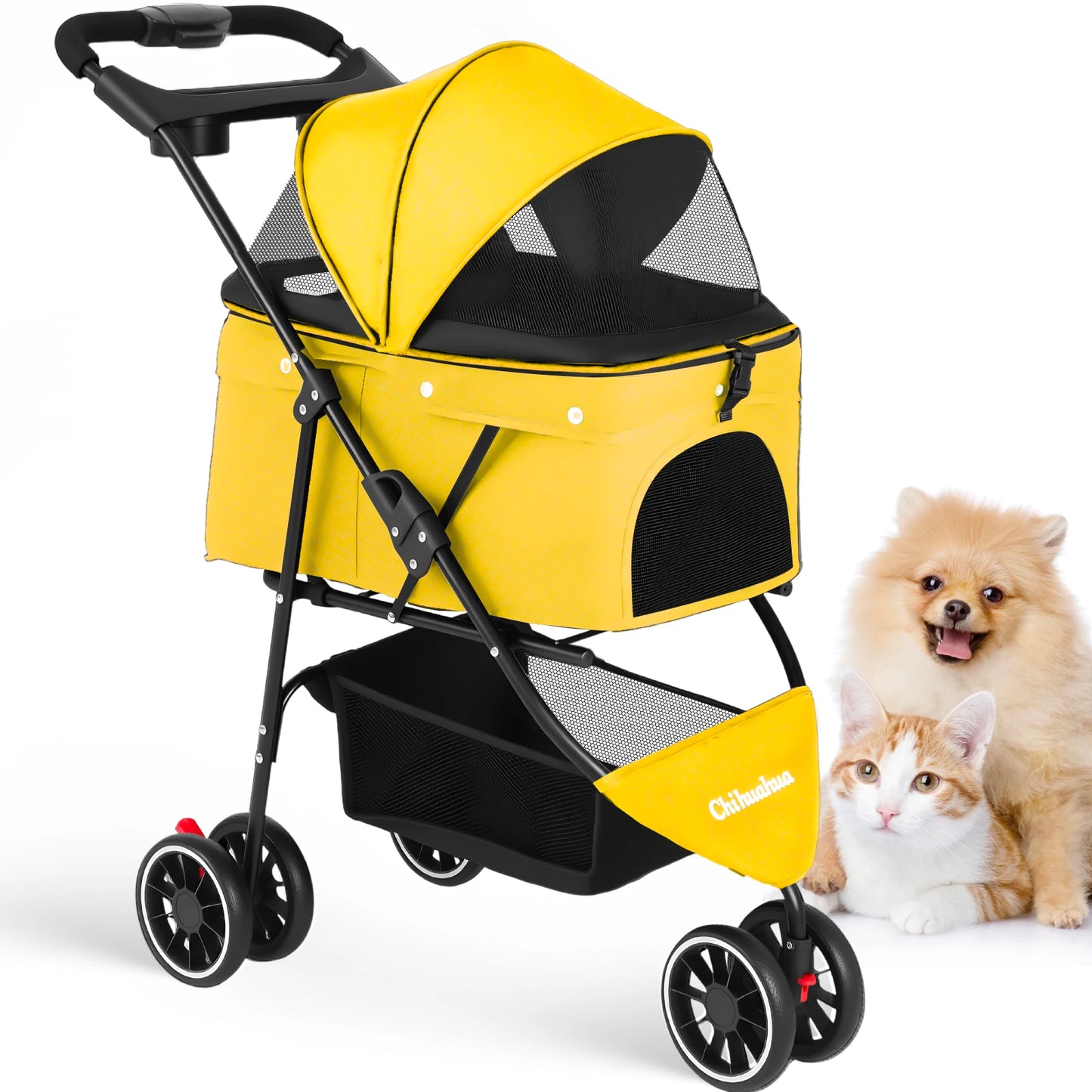 Portable Foldable Pet Stroller for Small Dogs and Cats; with Canopy and Storage Basket in Multiple Colors.
