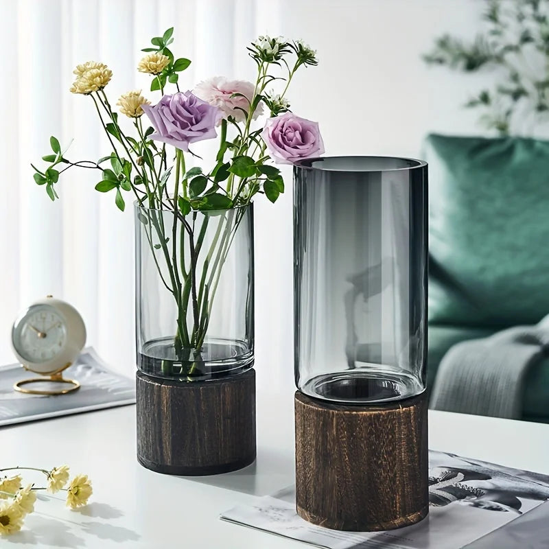 Contemporary Glass Vase with Minimalist Wooden Stand.