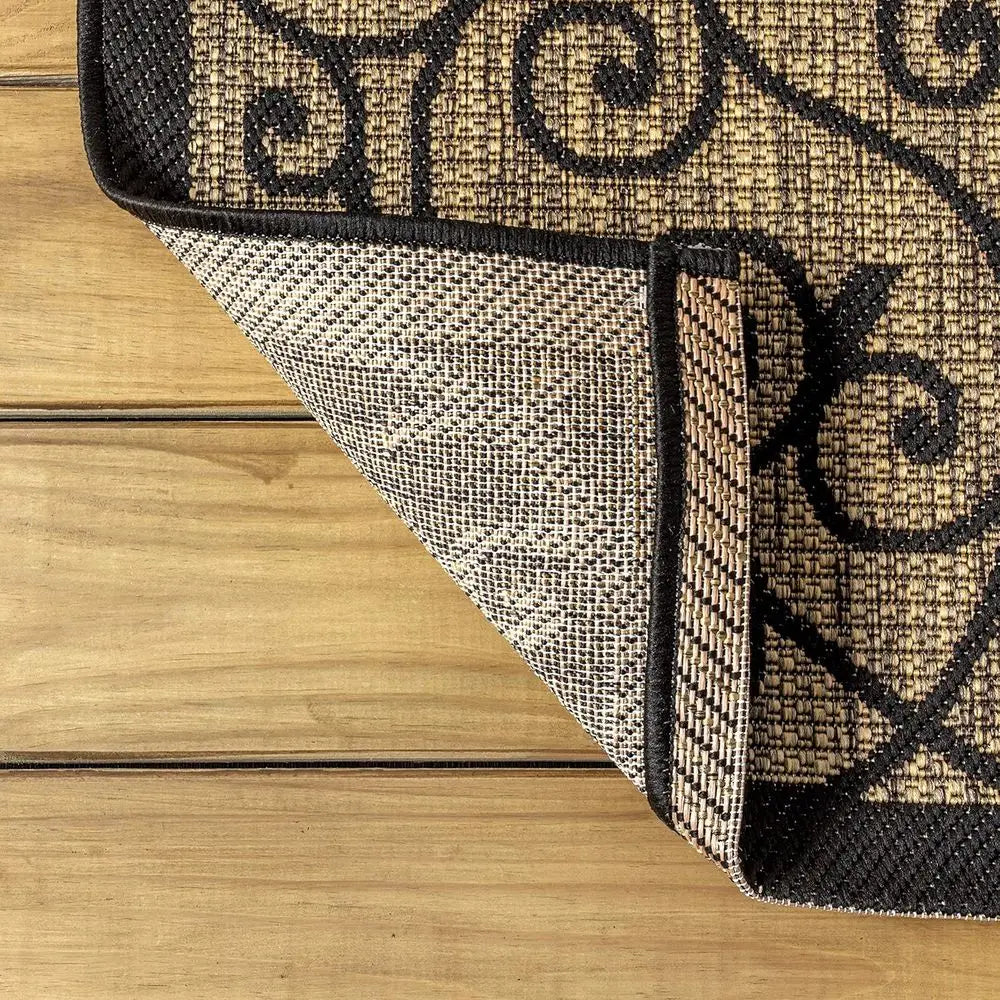 8 X 10 Contemporary Outdoor Rug for Backyard and Living Spaces. Filigree Black and Khaki.