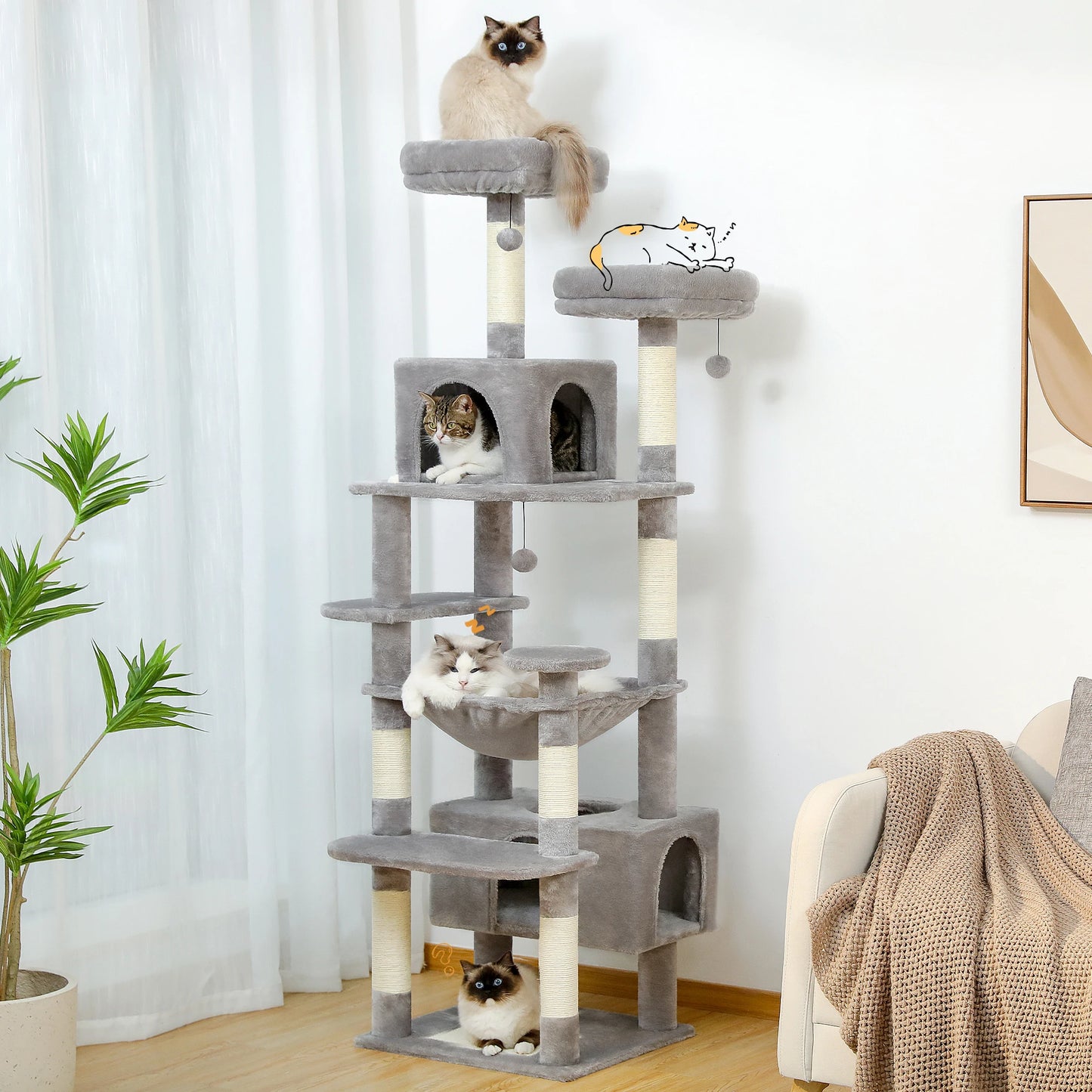 Large Cat Tree and Tower for Indoor Cats With Sisal-Covered Scratching Posts Spacious Hammock Padded Perches and Condos.