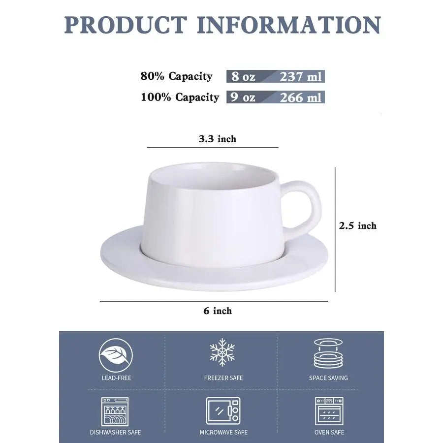 Porcelain Stackable Cappuccino Cups with Saucers – 8oz Specialty Coffee Cup Set