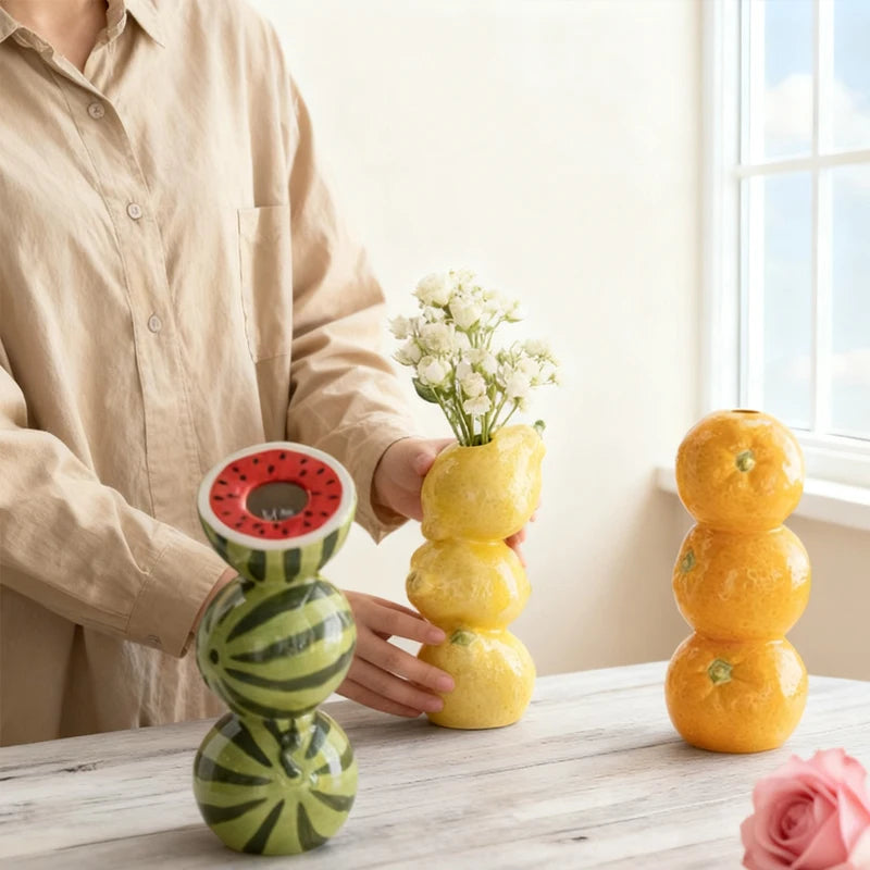 Fruit-Inspired Ceramic Vase with Orange, Lemon, and Watermelon Design for a Fun Summer BBQ or Decor.