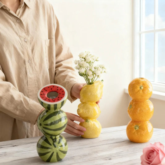 Fruit-Inspired Ceramic Vase with Orange, Lemon, and Watermelon Design for a Fun Summer BBQ or Decor.