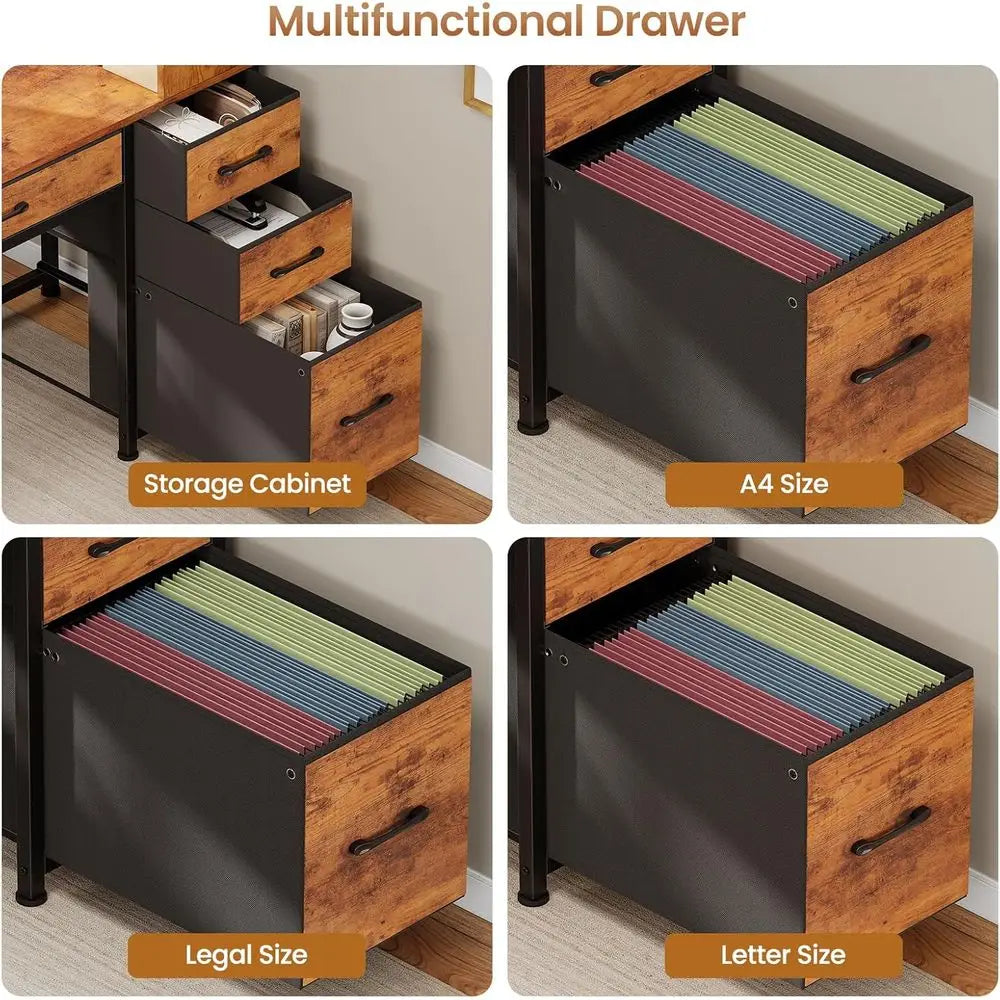 5-Drawer Rustic Brown Computer Desk with Integrated Bookshelf and LED Lights.