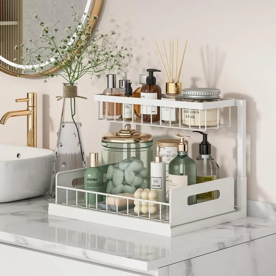 Under Sink Organizer – 2 Tier Pull-Out Slide-Out Cabinet Storage Shelf for Kitchen & Bathroom