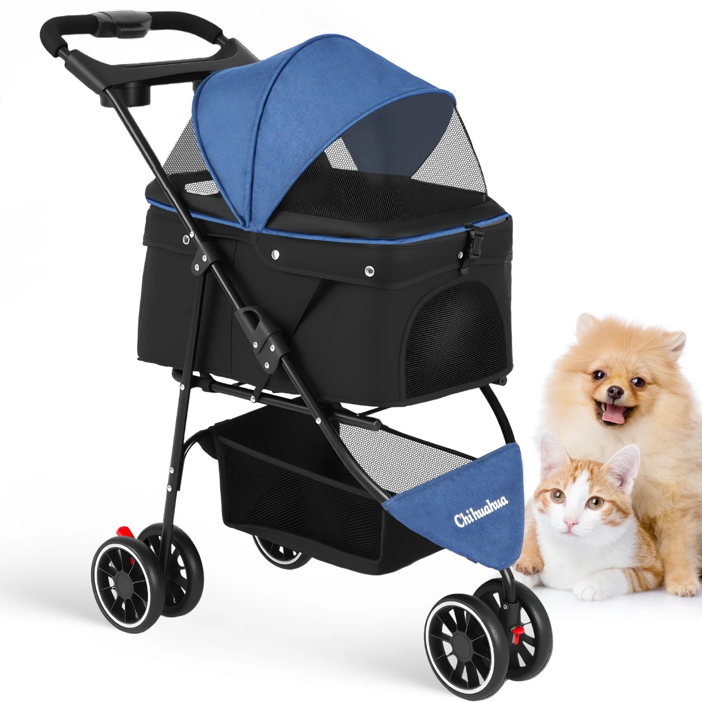 Portable Foldable Pet Stroller for Small Dogs and Cats; with Canopy and Storage Basket in Multiple Colors.