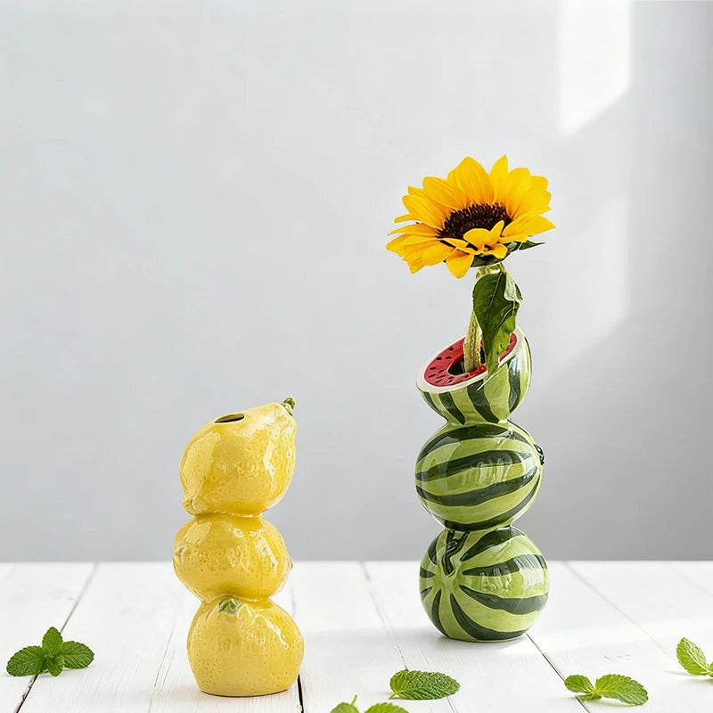 Fruit-Inspired Ceramic Vase with Orange, Lemon, and Watermelon Design for a Fun Summer BBQ or Decor.