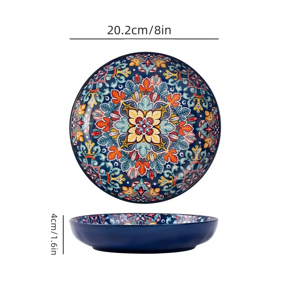 Creative Bohemian Ceramic Dinner Plate – High-Rimmed Multi-Use Home Dish