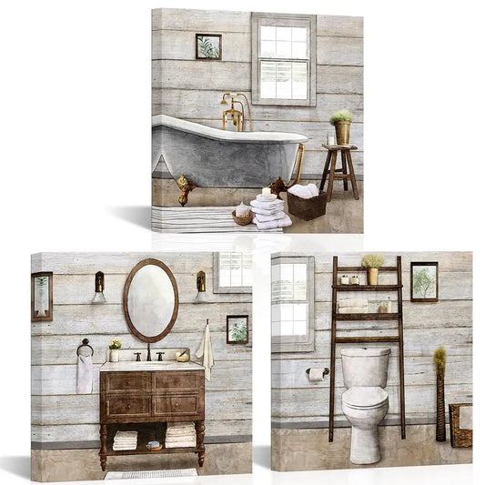 Rustic Framed Canvas Paintings for Warm Home Bathroom Decor.