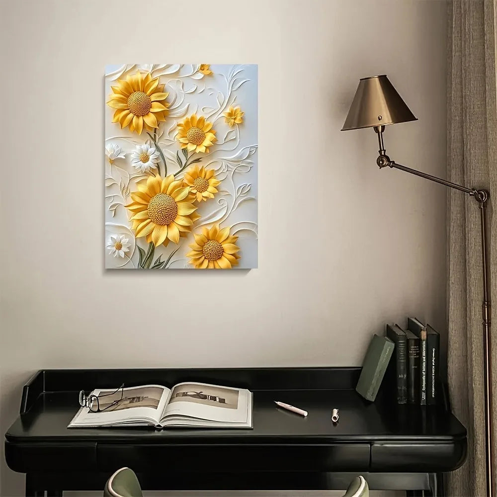 Modern 3D Sunflower Relief Canvas Art with Wooden Frame.