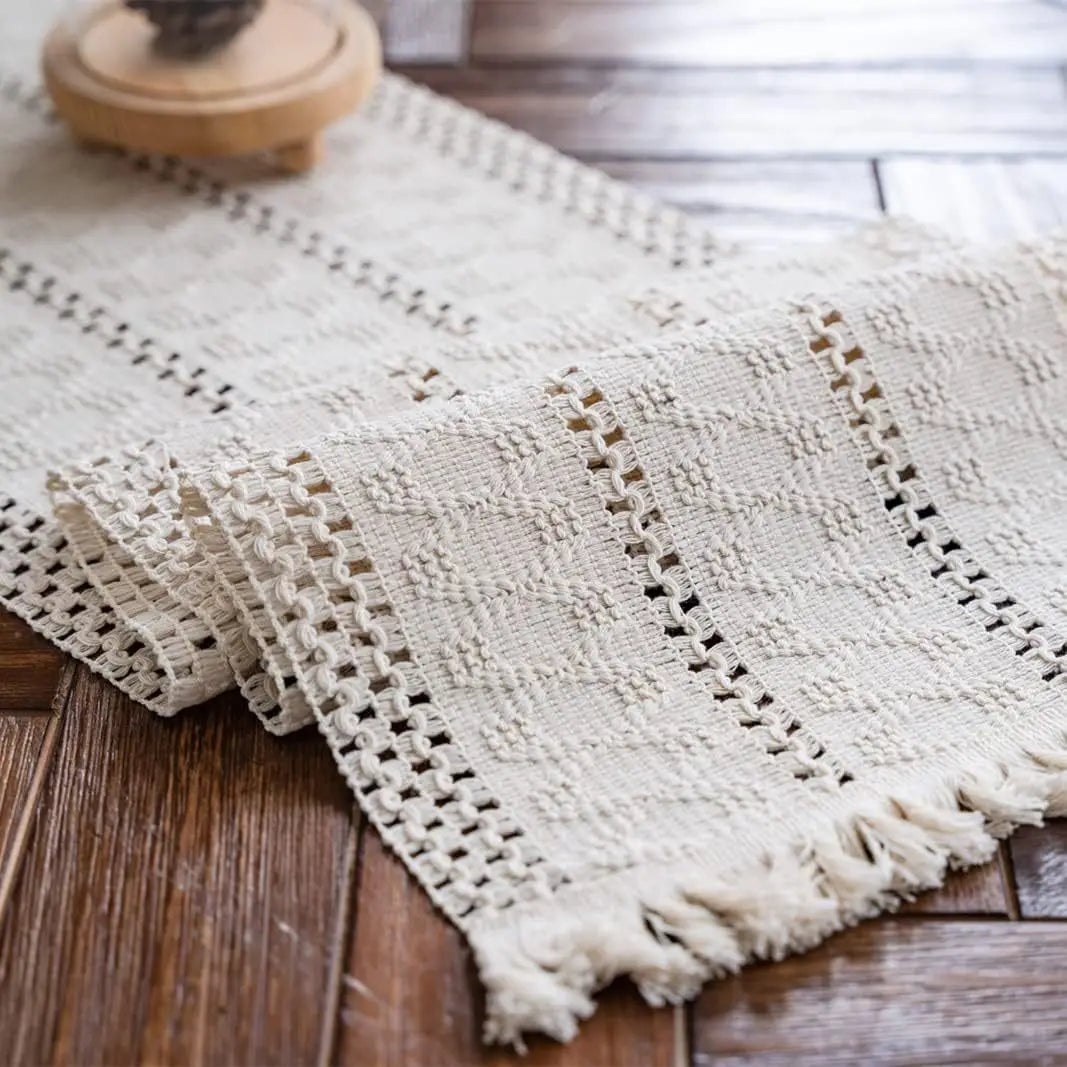 Cream & Brown Boho Table Runner with Tassels – Farmhouse Table Decor Accent