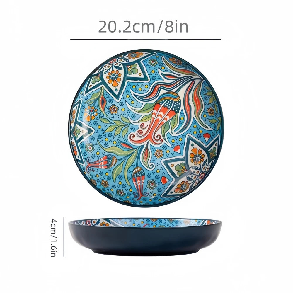 Creative Bohemian Ceramic Dinner Plate – High-Rimmed Multi-Use Home Dish