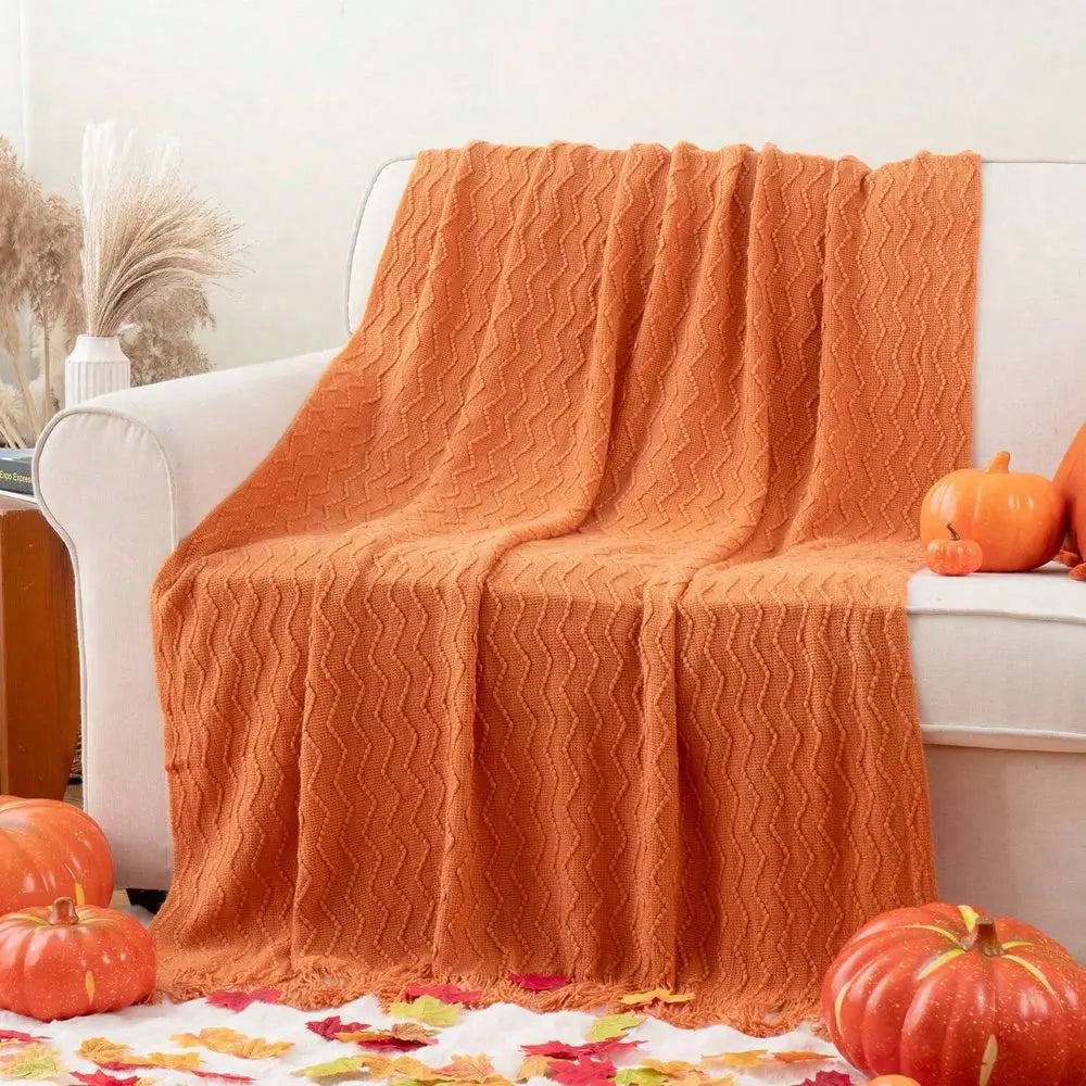 Cozy Orange Couch Throw Blanket – Knitted Tassel Decorative Blanket 50x60.