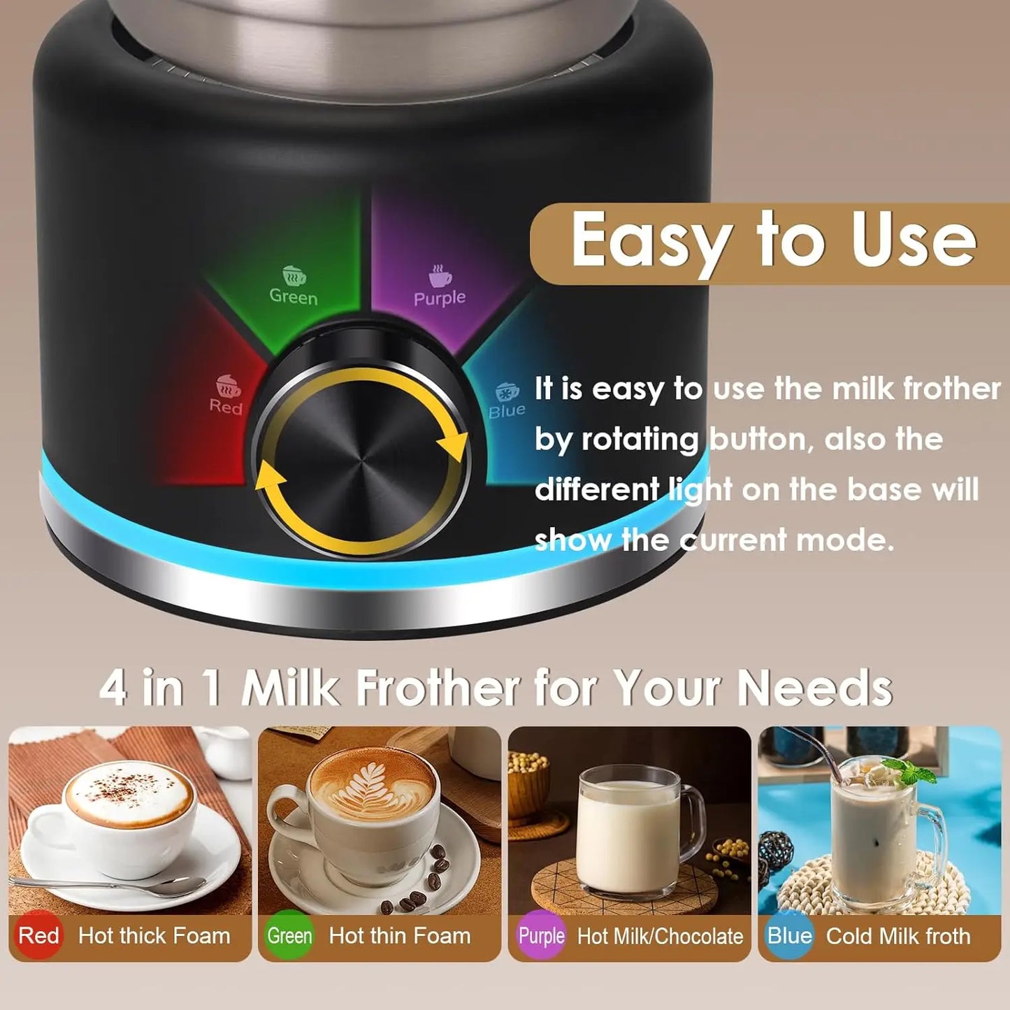 Multifunction Milk Frother & Steamer – 4 Modes for Hot & Cold Foam, Dishwasher Safe