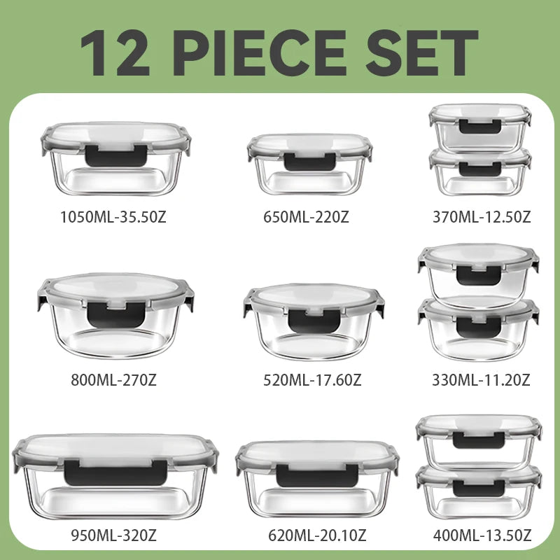 12-Piece Glass Food Storage Container Set – BPA-Free Airtight Bento Boxes
