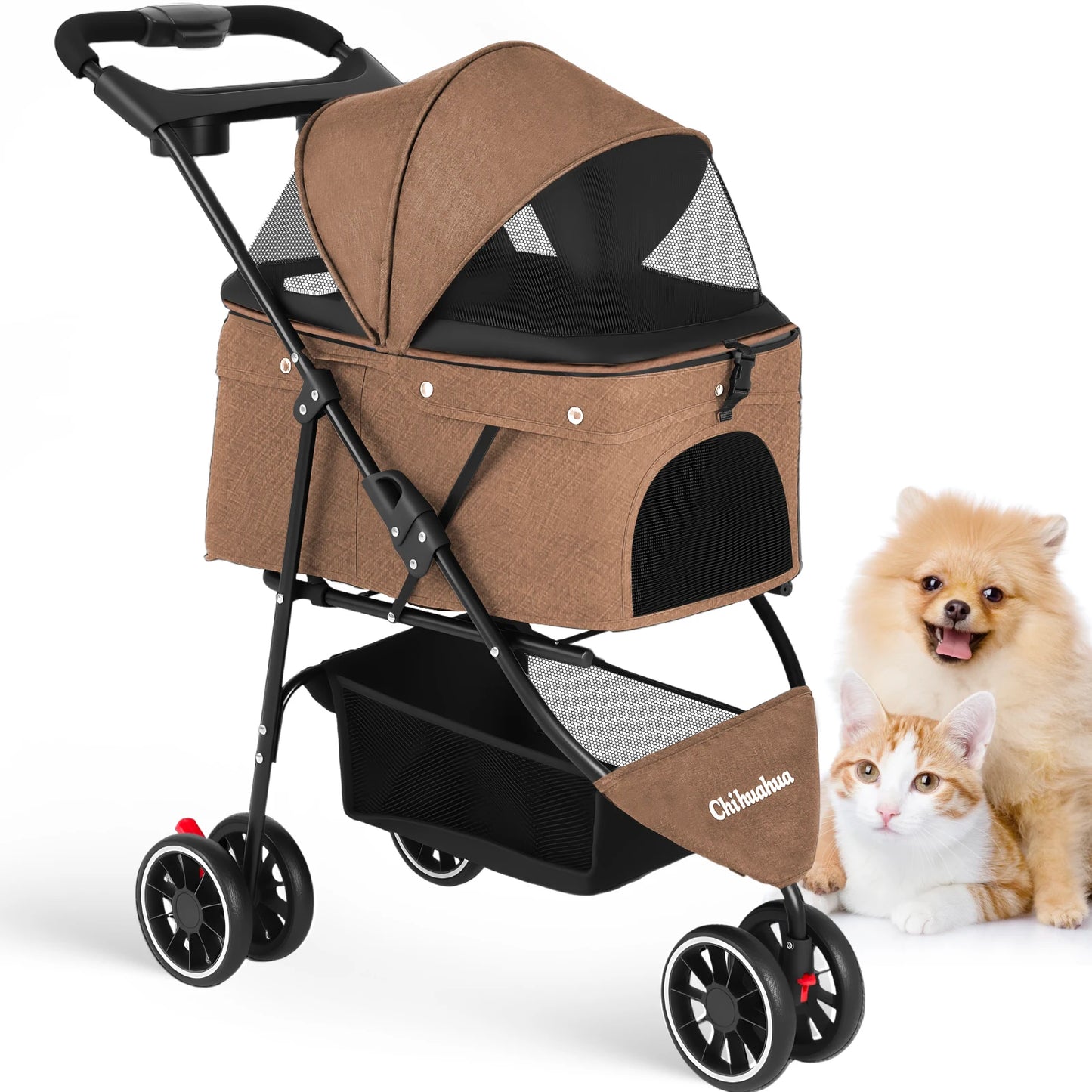 Portable Foldable Pet Stroller for Small Dogs and Cats; with Canopy and Storage Basket in Multiple Colors.