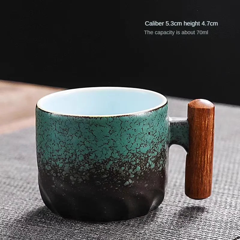 Handmade Ceramic Coffee Mug with Wooden Handle – Retro Tea & Coffee Cup with Filter Design