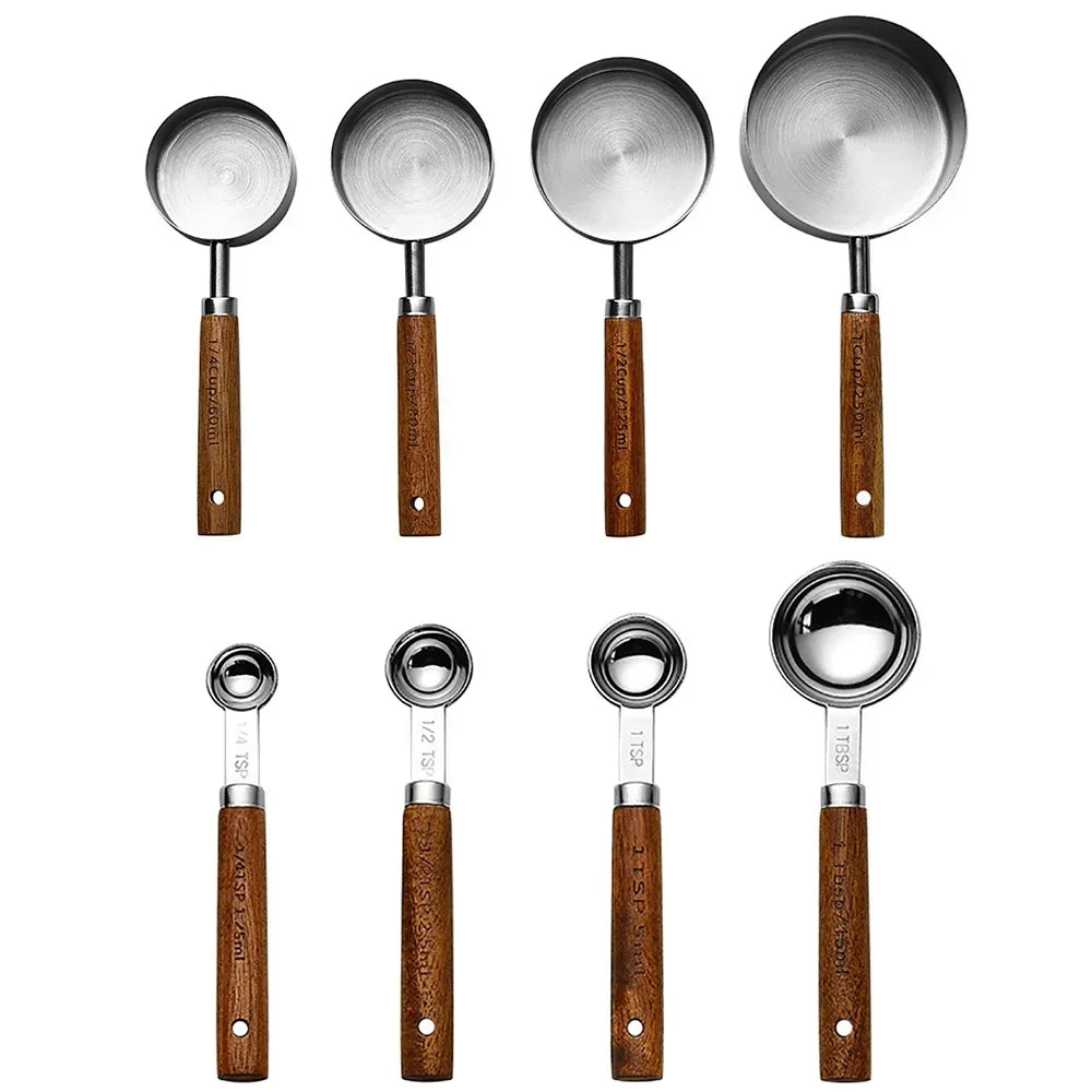 8Pcs Baking Measuring Tool Set – Gold Finish Stainless Steel Cups & Spoons with Wood Handles