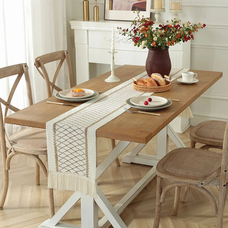 Cream & Brown Boho Table Runner with Tassels – Farmhouse Table Decor Accent