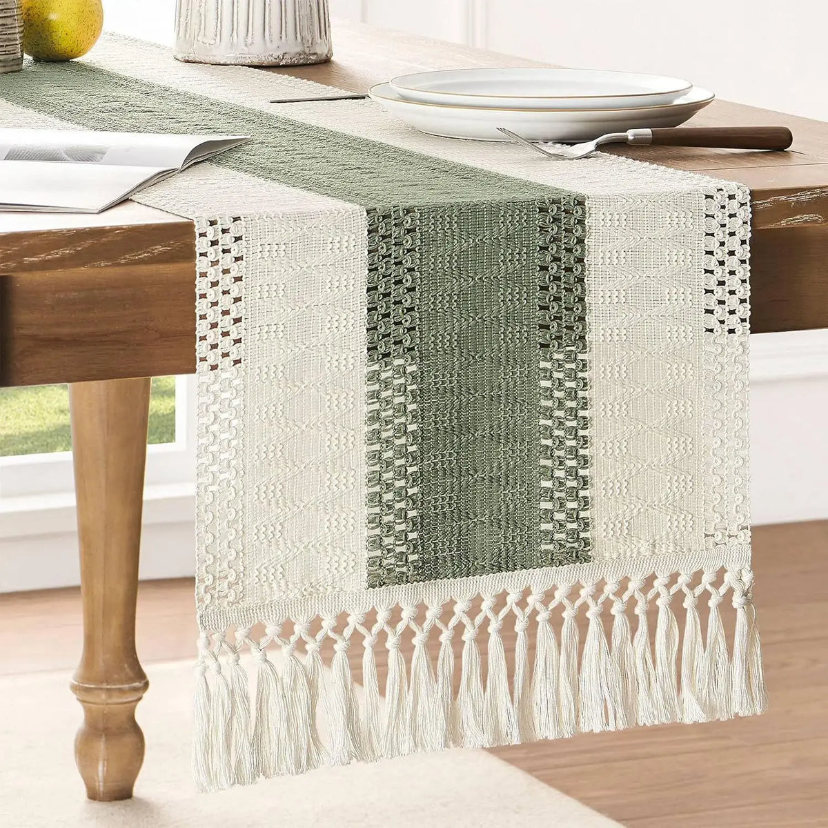 Cream & Brown Boho Table Runner with Tassels – Farmhouse Table Decor Accent