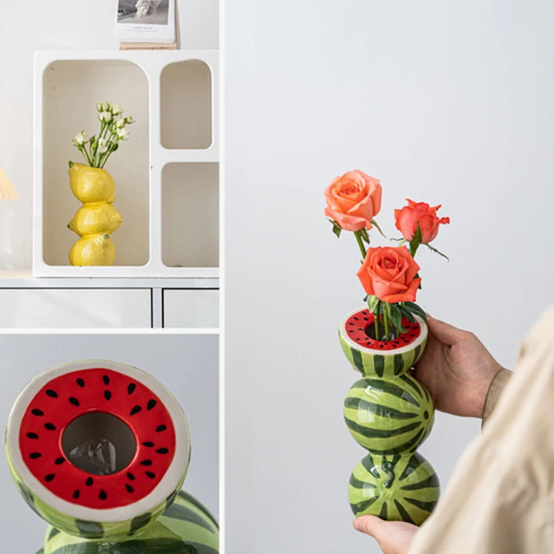 Fruit-Inspired Ceramic Vase with Orange, Lemon, and Watermelon Design for a Fun Summer BBQ or Decor.