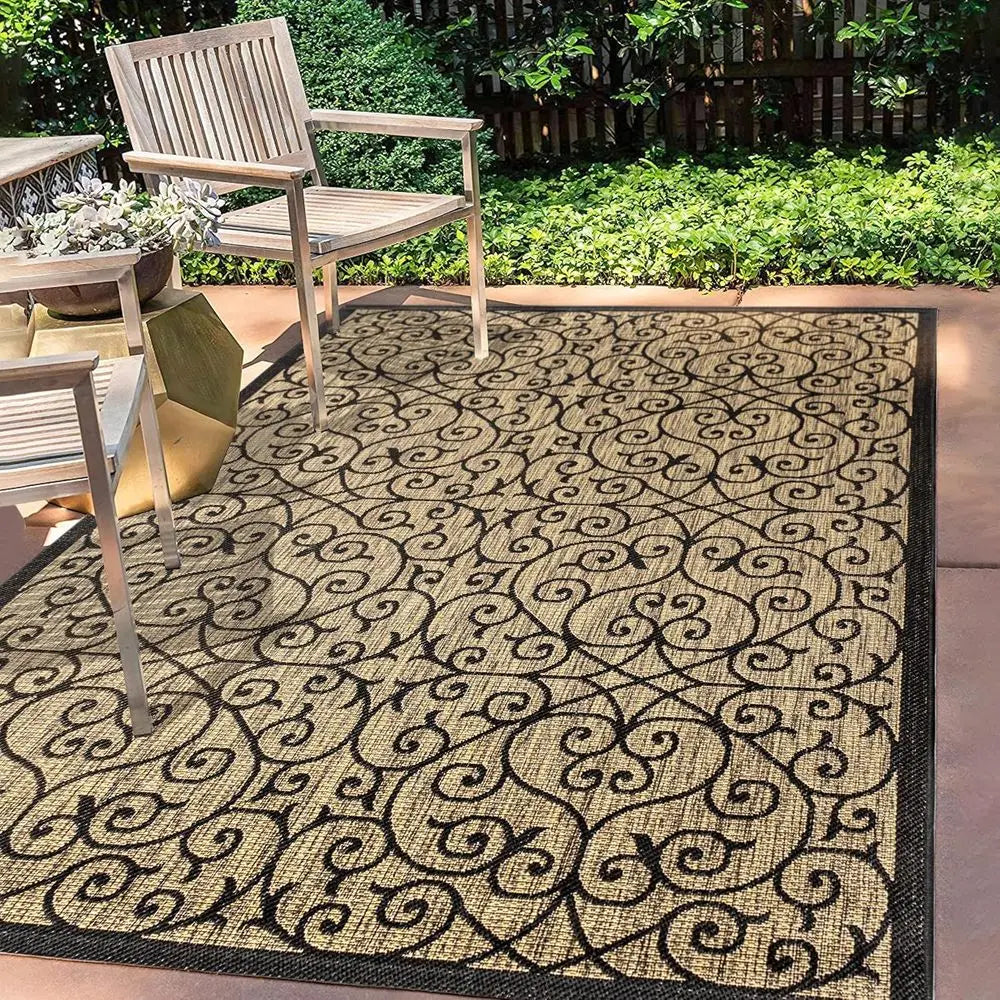 8 X 10 Contemporary Outdoor Rug for Backyard and Living Spaces. Filigree Black and Khaki.
