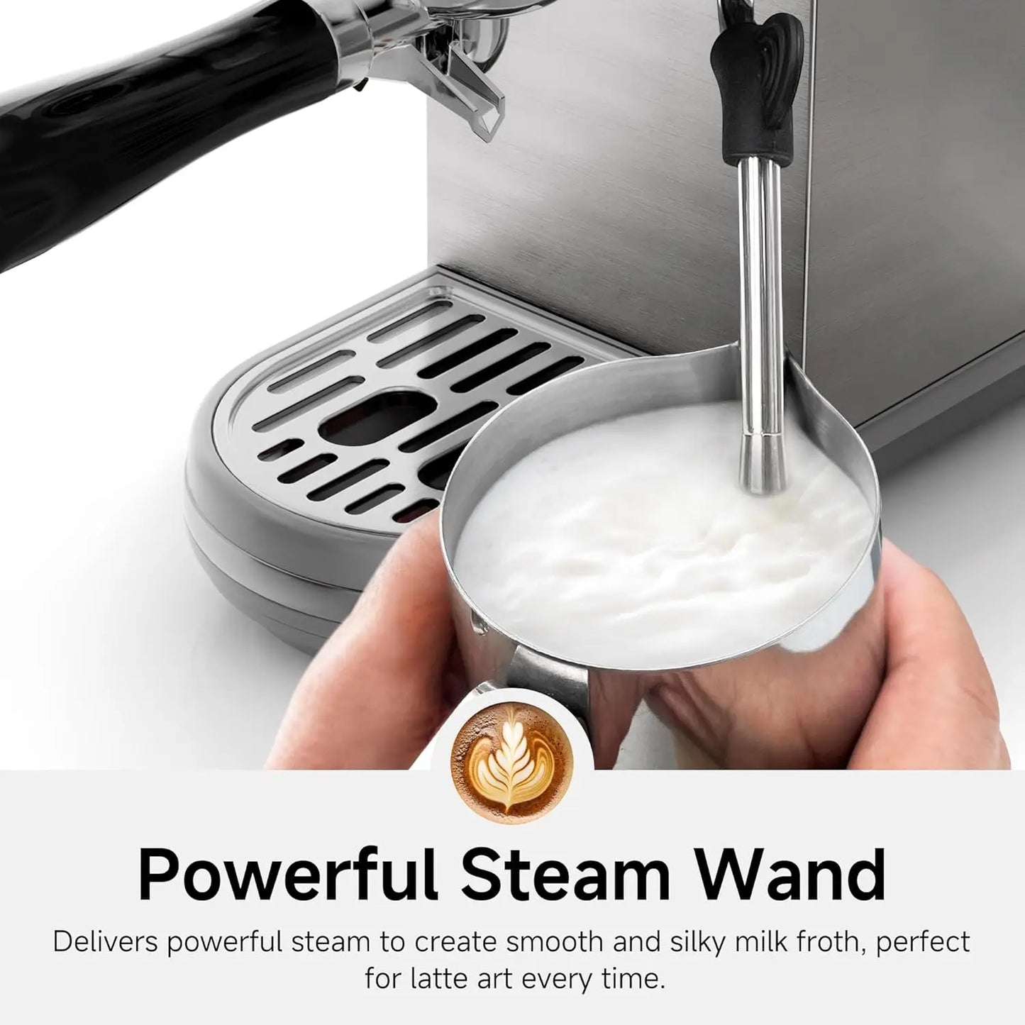 51mm Espresso Machine with Adjustable Temperature & Cup Volume, Intelligent Display & Pressure Gauge, Stainless Steel.