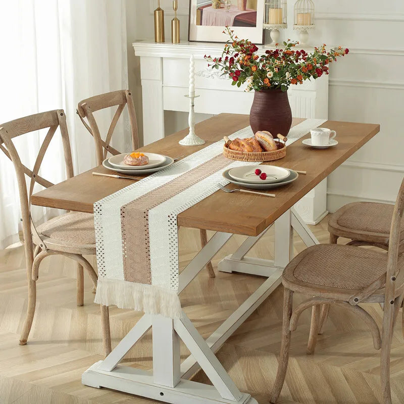 Cream & Brown Boho Table Runner with Tassels – Farmhouse Table Decor Accent