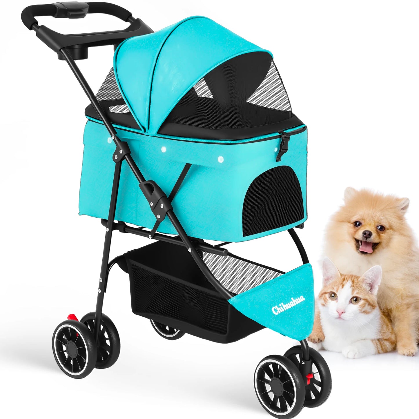 Portable Foldable Pet Stroller for Small Dogs and Cats; with Canopy and Storage Basket in Multiple Colors.