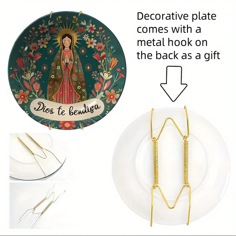 Virgin of Guadalupe Floral Round Ceramic Wall Plate - Religious Art Decor for Home, Non-Food Use